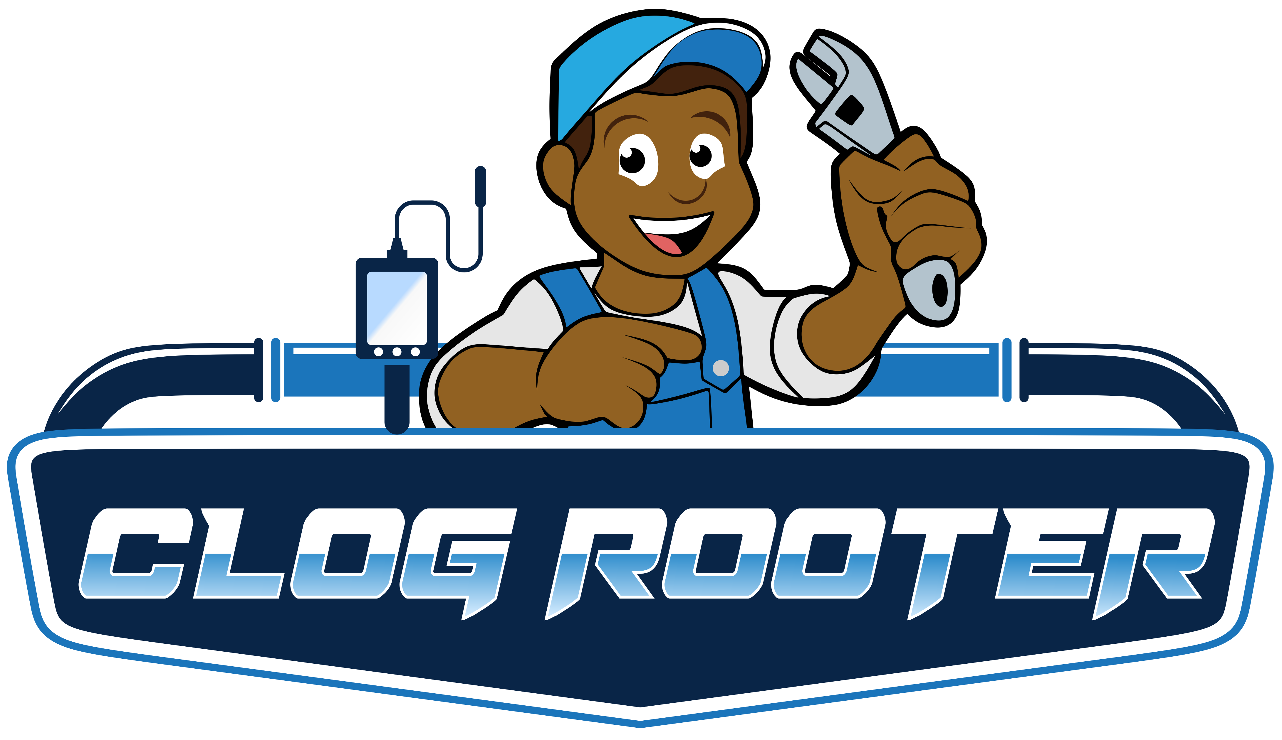 Clog Rooter plumbing and drainage services logo. A cartoon plumber holding a wrench